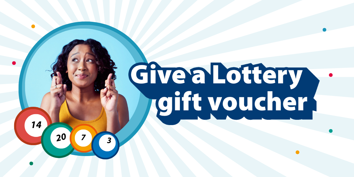 A lady looking hopeful, has her fingers crossed for luck. Text reads Give aLottery Gift Voucher