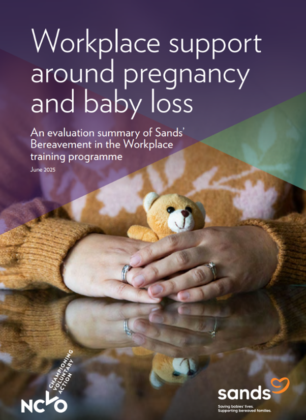 An image of a woman holding a teddy bear with text that reads 'Workplace support around pregnancy and baby loss.'