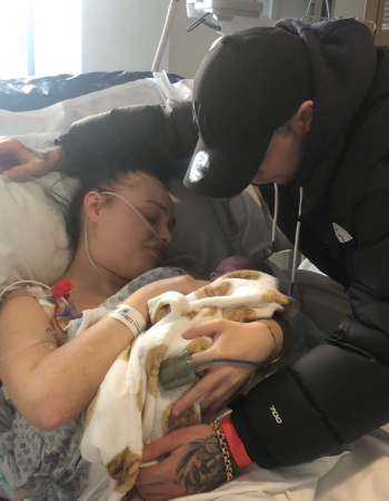 Chelsea and her partner with their son who died following a placental abruption, one of four placental abruptions Chelsea has had.