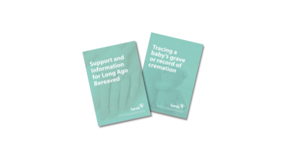 Support for long-ago bereaved and information on tracing babies' graves and cremation records banner with booklet covers