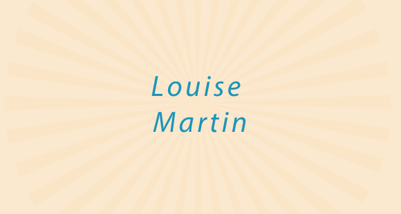 Blue text reads Louise Martin on a peach background