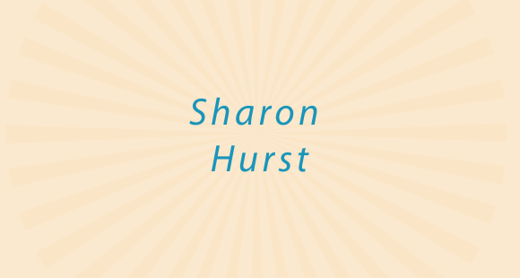 Blue text reads Sharon Hurst on a peach background