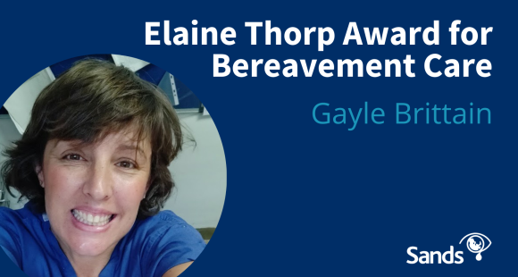 Gayle Brittain alongside the text: 'Elaine Thorp Award for Bereavement Care'