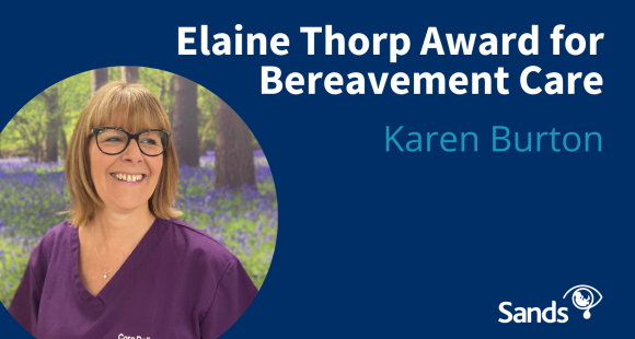 Karen Burton alongside the text: 'Elaine Thorp Award for Bereavement Care'