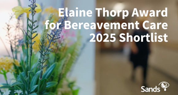 'Elaine Thorp Award for Bereavement Care 2025 Shortlist' White copy overlapping over photo of flowers in a corridor. 