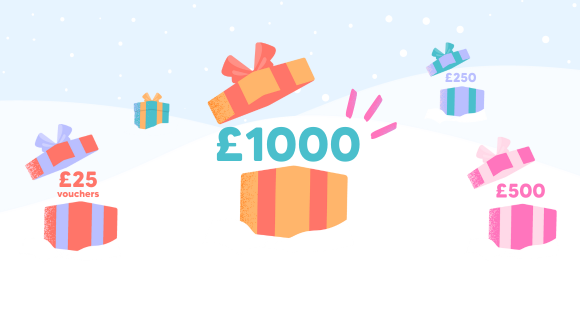 Snow illustration with colourful presents buried in the snow. The lids are raised revealing cash prizes, £1000, £500, £250 and £25 vouchers