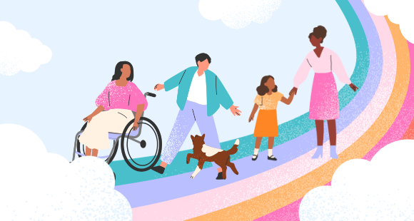 illustration of people walking on a rainbow - rainbow walk 