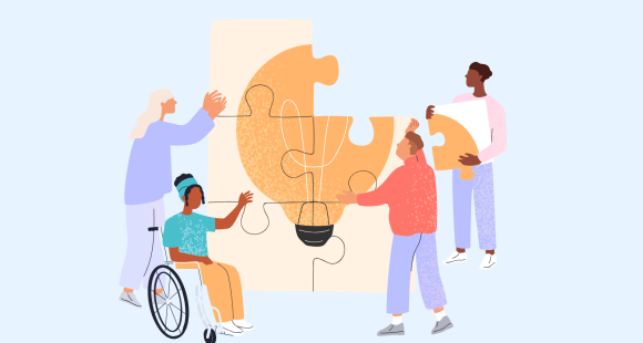 An illustration of four people putting a jigsaw puzzle together, the jigsaw is of a photo of a puzzle.