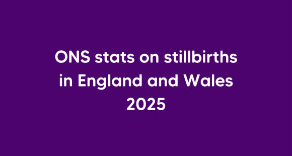 White text on purple background reads ONS stats on stillbirths in England and Wales