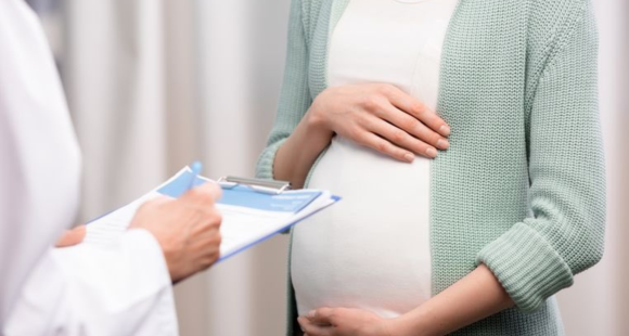 A pregnant woman talks with a health care professional