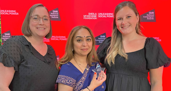 Image of Jessica Reeves and Megan Ball from our campaigns team and Sands Ambassador Shetal Joshi (KSAVI)