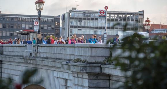 A bridge with people walking.