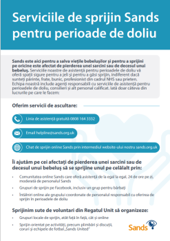 Front cover of Bereavement support flyer in Romanian language