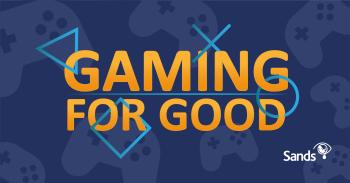 blue background with organe text saying gaming for good 