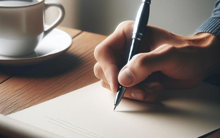 A realistic image of a man's hand writing on a blank sheet of paper with a pen, placed on a wooden desk. Next to the paper is a white ceramic coffee cup filled with coffee. The scene is well-lit with natural light, and the atmosphere is calm and focused.