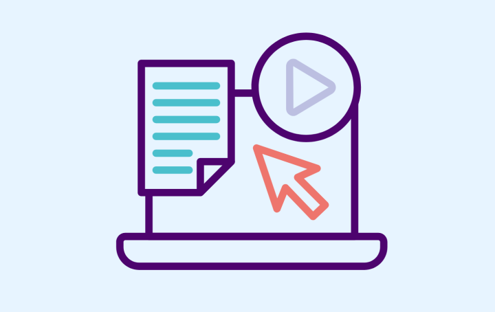 Icon of a laptop, with a smaller document, play button and mouse clicker