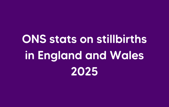 White text on purple background reads ONS stats on stillbirths in England and Wales