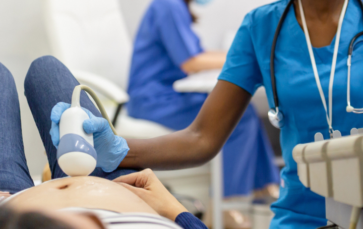 A midwife is scanning a pregnant patient who is in her late 1st or early 2nd trimester