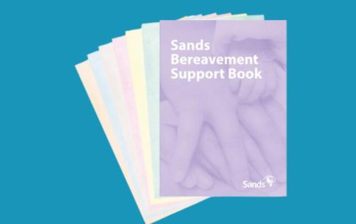Sands bereavement support book is on the right hand side with text that reads 'Bereavement support resources are now available in an audio format'. 