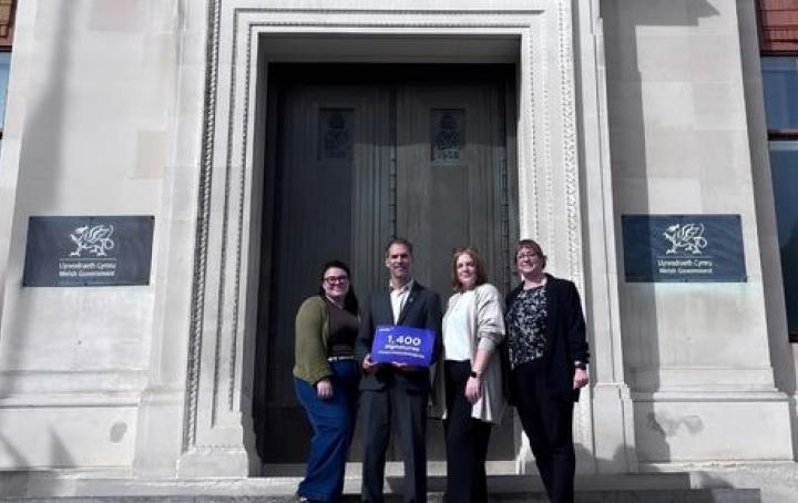 Parent campaigners hand in a petition to the Welsh Government (L-R parent campaigners Jazzmin Roberts, Daniel Lazenby, Ruth Mason, and Jess Reeves, Head of Public Affairs and Campaigns, Sands)